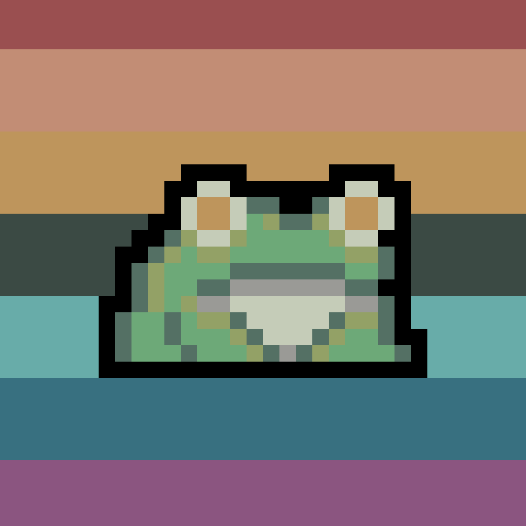Pixel art frog with a rainbow pastel background.